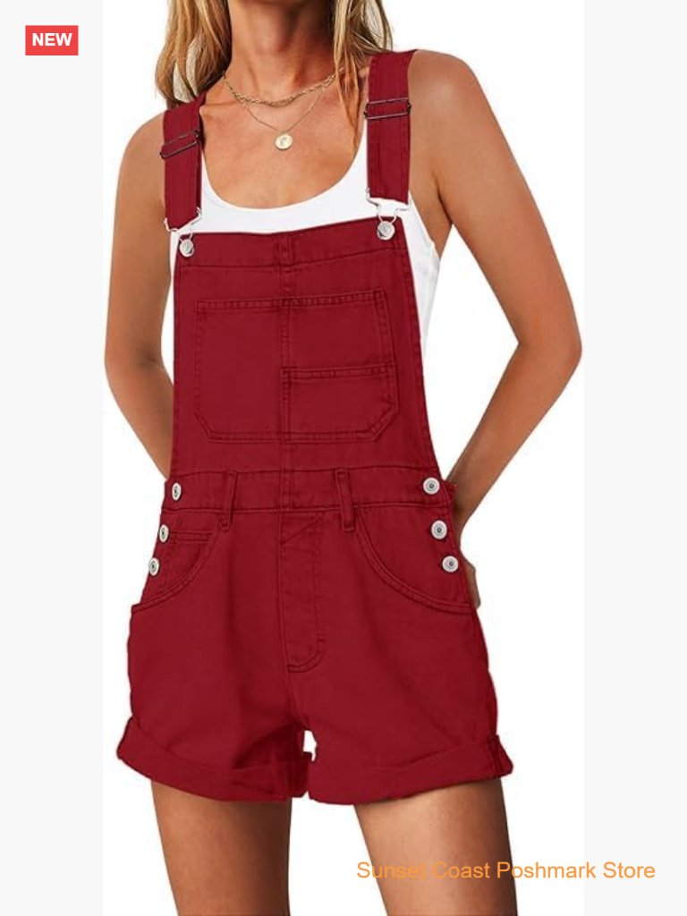Womens Casual Adjustable Bib Overall Shorts Classic Cuffed Hem Shortalls With